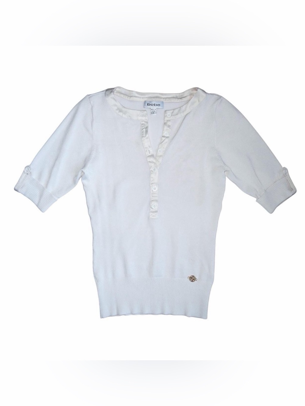 Bebe White Silk-Trim Henley Top